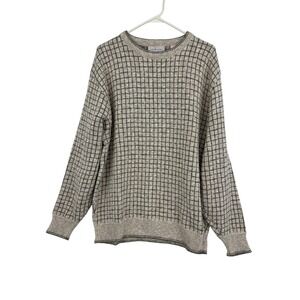 VINTAGE Murano Mens Medium Grid Pattern Crewneck Sweater Beige Grey Knit